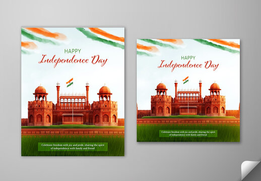 Editable Happy Independence Day Social Media Post Template Collection with Red Fort Illustration, Indian Tricolor Flag, Artistic Watercolor Paint Strokes, Green Grass Background, Patriotic 15th August