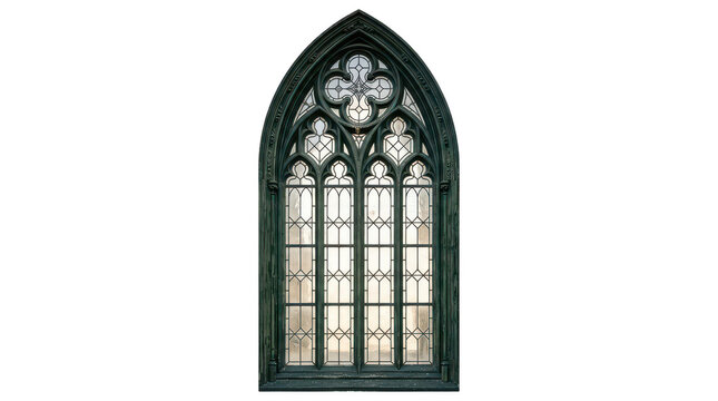 Ornate gothic revival arch window with intricate stone tracery on a neutral transparent background.