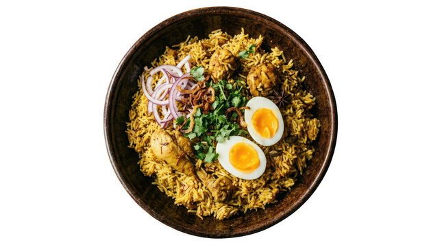 Delicious chicken biryani served in rustic bowl with boiled eggs, onions and fresh herbs.