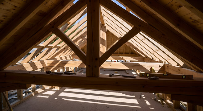 The roof frame construction of the building uses wood.