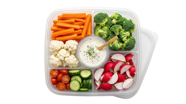 Plastic container with fresh mixed raw vegetables and creamy dip sauce isolated on clear background for healthy food projects.