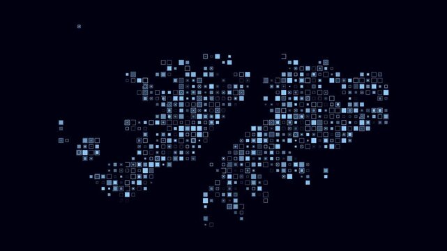 Falkland Islands map animation. Shape of the country with pulsating colored dots. Small size square blocks. Digital style Falkland Islands map on dark background. Beautiful video.