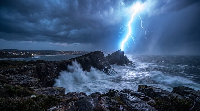 Powerful lightning bolt strikes jagged rocky sea cliffs amidst a dark stormy evening sky while turbulent ocean waves crash against the shoreline in this dramatic high resolution long exposure photo