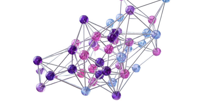 Abstract 3d molecular structure with colorful interconnected spheres and lines, representing network or connection, on checkered background.