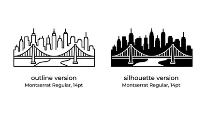 Cityscape Outline and Silhouette: A striking illustration depicting a cityscape with a prominent bridge, presented in both outline and silhouette versions. © bittv