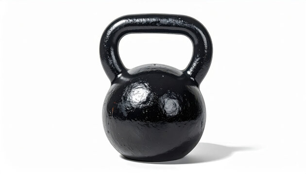 A black cast iron kettlebell isolated on a white background, representing strength training and fitness.