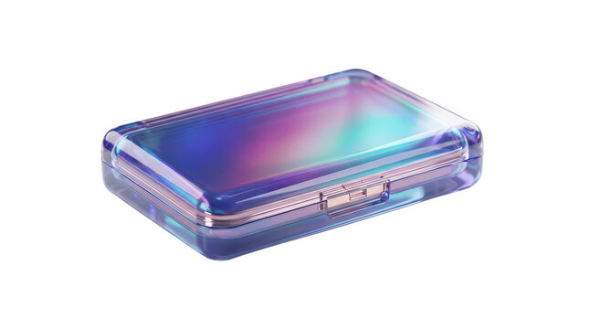 A sleek, iridescent translucent plastic container displaying vibrant holographic colors, set against a transparent background.