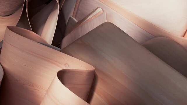 A 3D abstract composition of curling pale wooden veneer sheets folds and overlaps in soft warm cream tones.