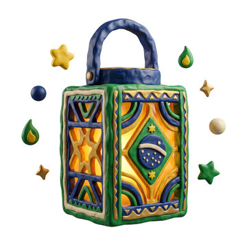 Clay style lantern with Brazilian flag pattern for Festa Junina festival celebration isolated on transparent background png