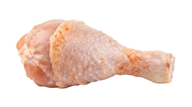 Two fresh raw chicken drumsticks, clean and uncooked, featuring visible skin and bone, presented against a transparent background.
