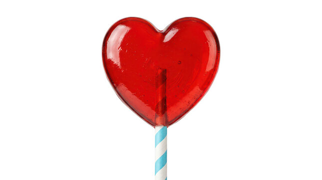 Shiny red heart shaped lollipop with blue and white striped stick on transparent background, sweet candy treat.