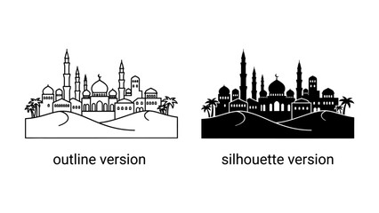 Naklejka premium Islamic City Skyline: An artistic representation of a bustling Islamic city, featuring intricate minarets, domes, and Arabic architecture, set against a backdrop of desert dunes and palm trees.