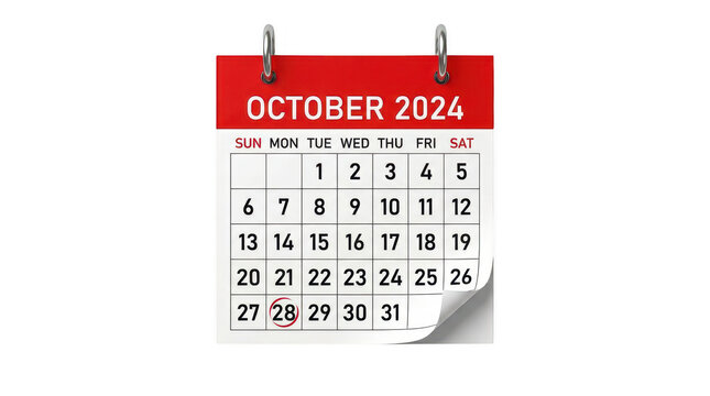 Calendar page for october twenty twenty four with circled date showing twenty eighth isolated on grey transparent background.