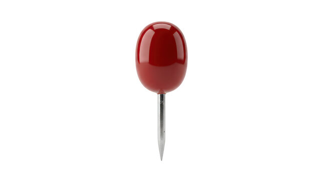 Red plastic push pin with sharp metal needle tip isolated on transparent background for office supplies and stationery visualization.