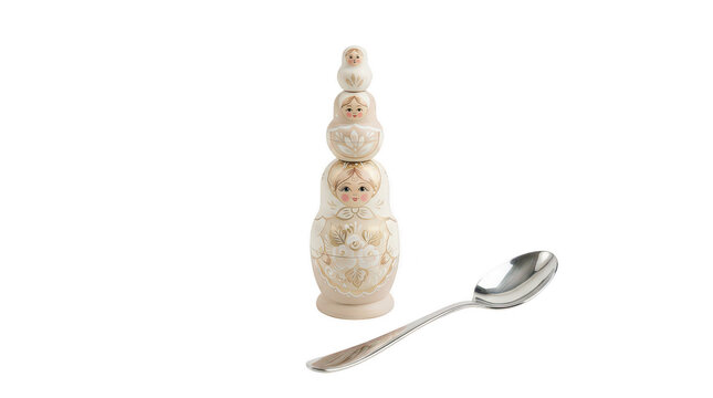 Stack of traditional Russian matryoshka nesting dolls made of light wood with carved details and a silver spoon on transparent background.