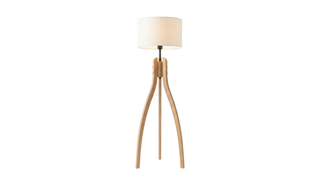 Modern tripod floor lamp with a minimalist design, wooden legs, and a cream-colored fabric shade standing upright.