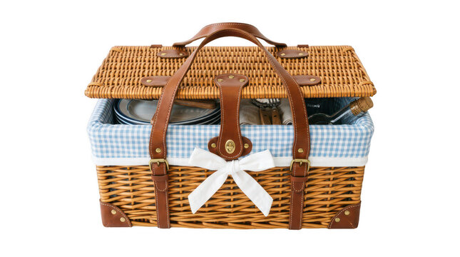Wicker picnic basket with blue and white gingham lining and a white bow, filled with plates and a bottle, ready for outdoor dining.