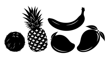 Black silhouettes of tropical fruit with fruits including pineapple pineapple banana coconut papaya white background silhouettes various illustration © Kamola