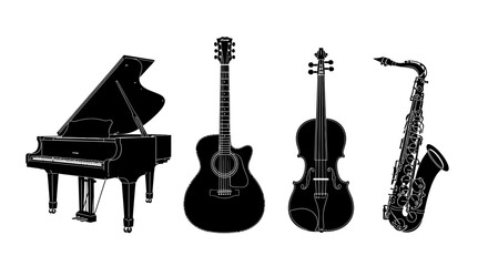 Musical instruments piano guitar violin saxophone with set four musical performance classical orchestra keyboard acoustic string design with wind © Kamola
