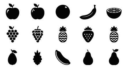 Collection of black fruit icons on white background with including apples bananas bananas berries arranged illustrations strawberries pineapples © Kamola