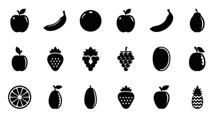 Collection of black fruit icons on white background with icons arranged rows illustrations strawberry pineapple nutrition symbols healthy with banana © Kamola