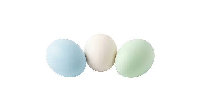 Three colorful eggs isolated on transparent background pastel blue white and green oval spheres for easter holiday decoration set.