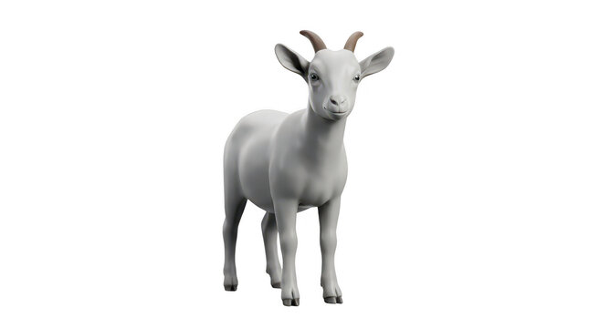White goat animal isolated on transparent background realistic 3d model with horns standing in full body pose for farm projects.