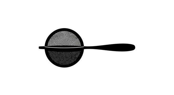 Black tea strainer with handle on white background with illustration preparation equipment kitchen utensil cooking simple metal mesh with food