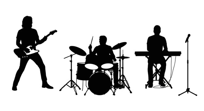 Silhouettes of musicians playing guitar drums with drums keyboard white background black silhouettes three entertainment performance instrument
