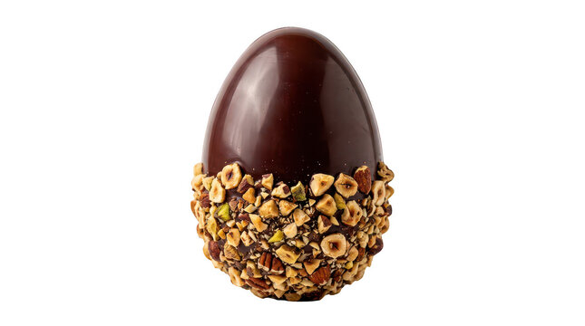 Decadent dark chocolate egg with crunchy hazelnut coating for gourmet indulgence and holiday celebration.
