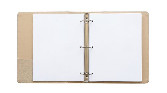 Blank open white ring binder with three metal rings, ready for custom text or images on an empty sheet background.