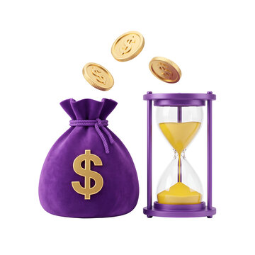 Purple money bag and hourglass with coins isolated on transparent background