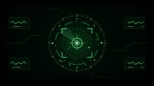 Green Tactical HUD Radar Interface with Animated Monitoring Panels