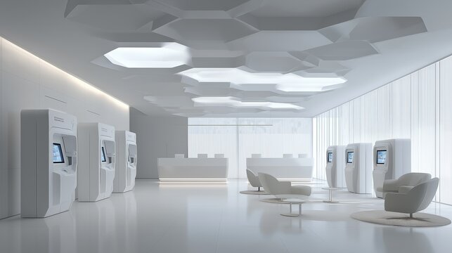 Futuristic hospital ward with robotic assistance arms and AI medical screens