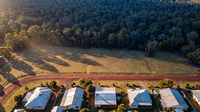 Australian bush town with a cleared wildfire perimeter against eucalyptus forest