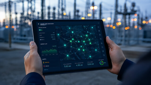 Hand Holding Tablet With Smart Grid Energy Map