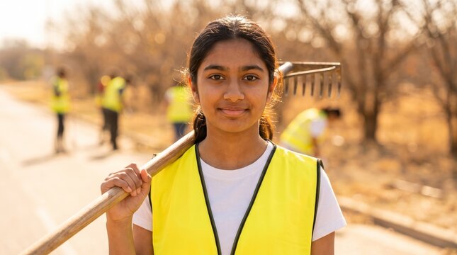 Teenage volunteer with a rake at a community fire safety work day