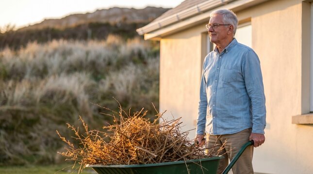 Senior man with a wheelbarrow of brush cuttings after clearing defensible space