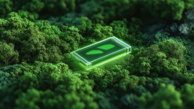 Green energy battery floating over lush forest, renewable concept