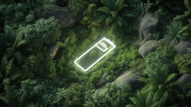 Green energy battery floating over lush forest, renewable concept