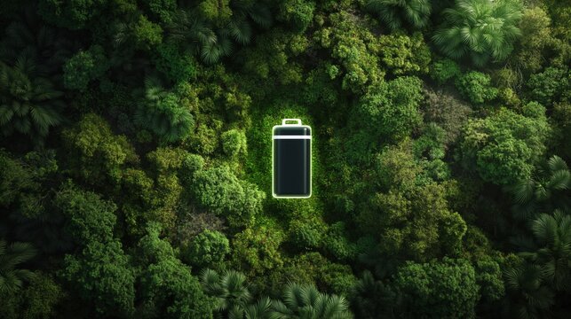 Green energy battery floating over lush forest, renewable concept