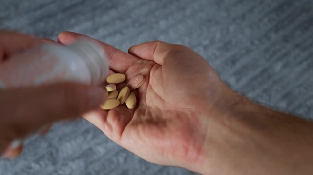 Male hands hold a white pill bottle over an empty open palm. The patient prepares to take daily vitamins or prescription medication. A soft gray fabric texture fills the blurred background.