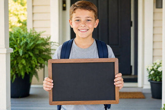 Schoolboy Holding Blank Chalkboard On Porch Outdoor Education Scene student child boy youth learning blackboard