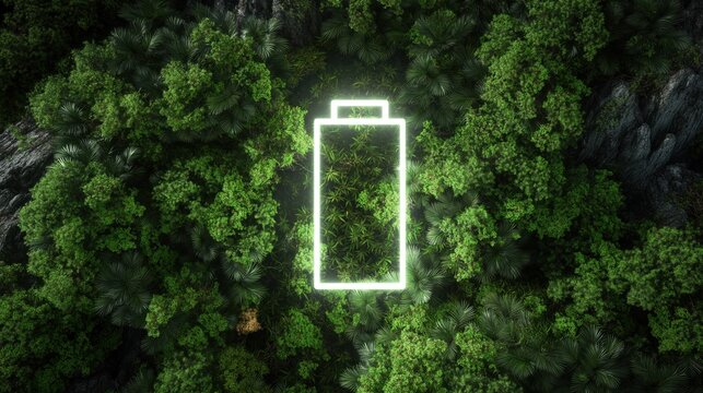 Green energy battery floating over lush forest, renewable concept