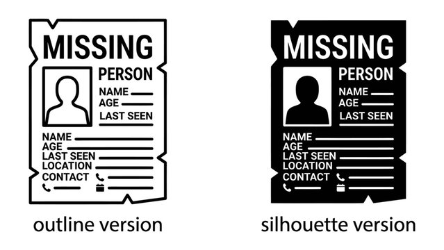 Missing Person Poster: Two graphic representations of a MISSING PERSON poster, one in outline and one in silhouette, convey a solemn message of absence and urgency.