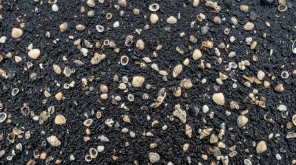 Fototapeta premium Close up of wet black volcanic sand with scattered seashells