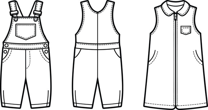 Fashion technical sketch of kids denim overalls front and back view with zipper dress template