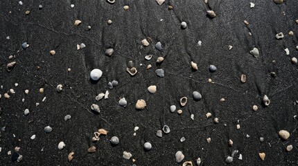 Fototapeta premium Black wet sand texture with scattered shells detail