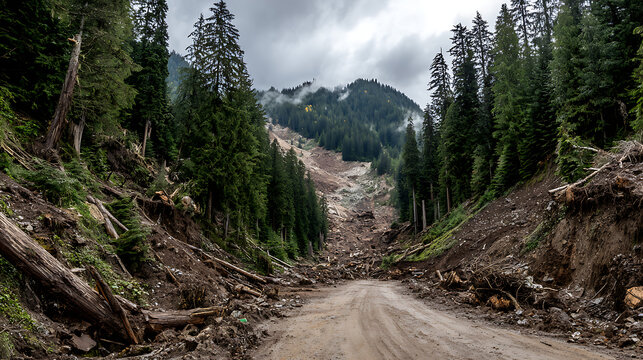 muddy forest road covered with debris and fallen trees after severe storm flood damage