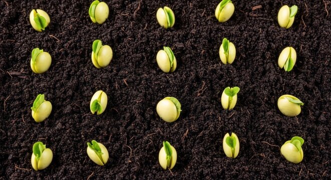 Young green sprouts on dark earth. Seedling growth in the springtime.